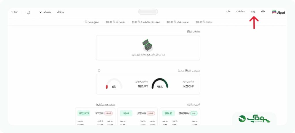 صفحه کابین شخصی الپاری برای واریز و برداشت و شارژ حساب آلپاری