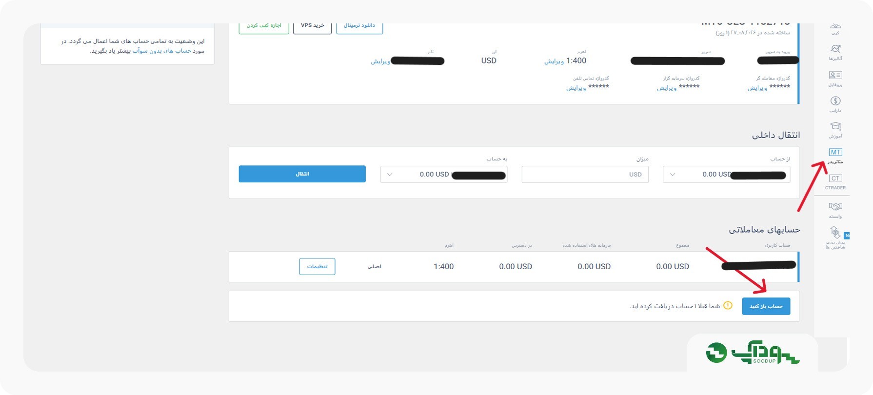 کابین شخصی لایت فایننس برای ایجاد حساب سنتی