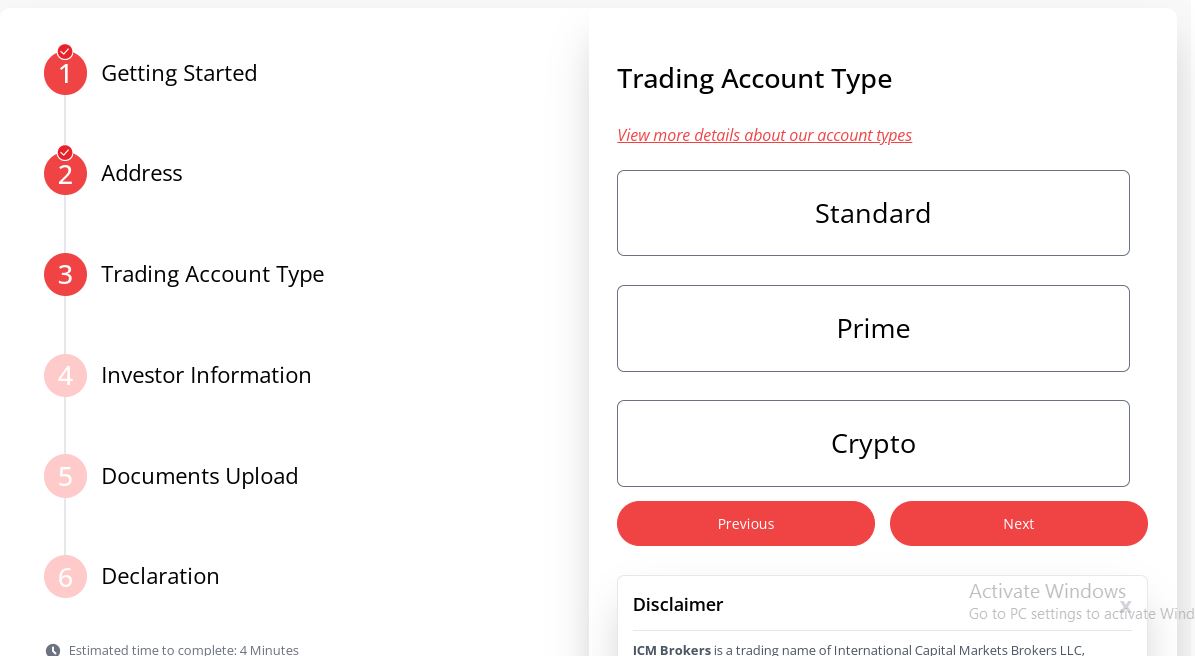 انتخاب نوع حساب در بروکر icm
